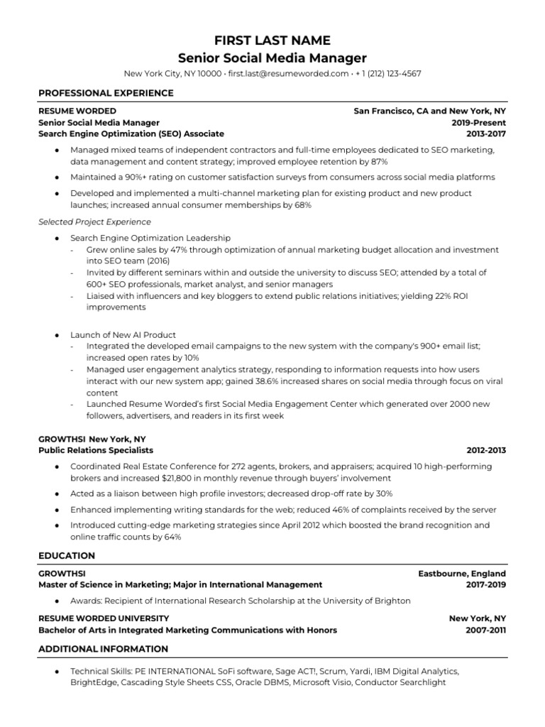 Senior Social Media Manager Resume PDF Popular Culture & Media