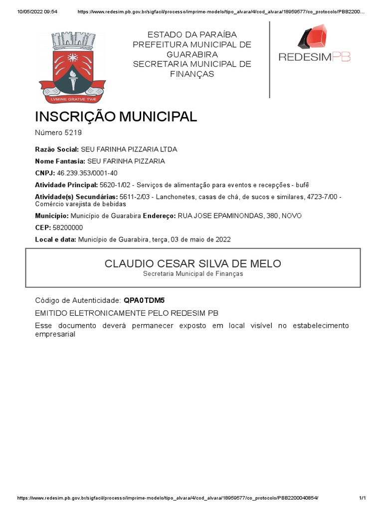 INSCRIÇÃO MUNICIPAL | PDF