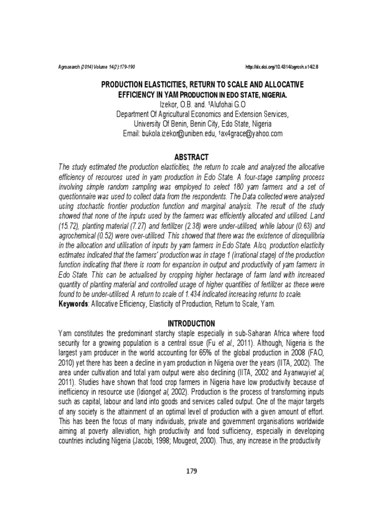Yam Production Efficiency in Edo State | PDF | Production Function ...