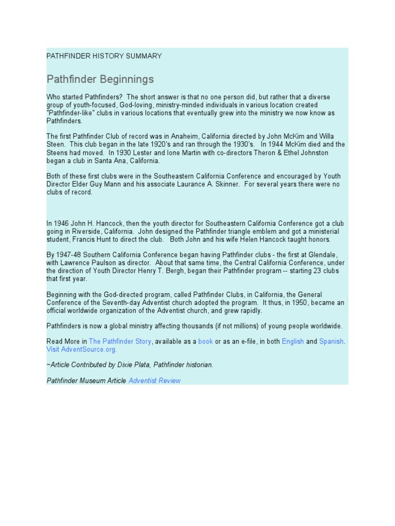 Pathfinder Club History Overview | PDF