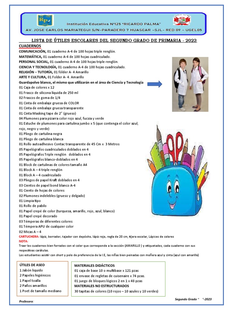 Lista de Útiles Escolares Del Segundo Grado de Primaria | PDF ...