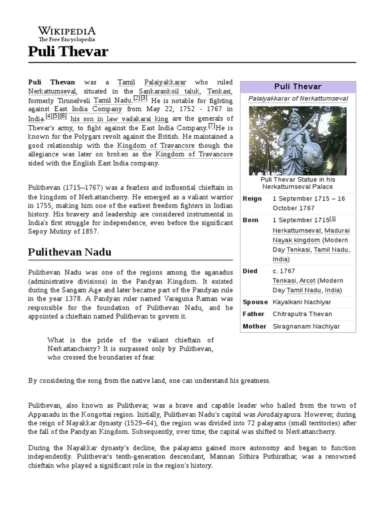 Puli Thevar: Tamil Freedom Fighter | PDF | Tamil Nadu | Tamils