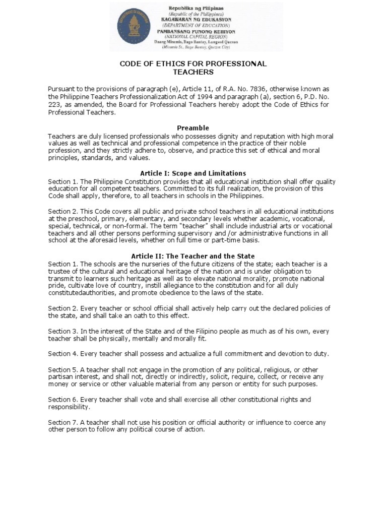 Philippines code of ethics for teachers pdf