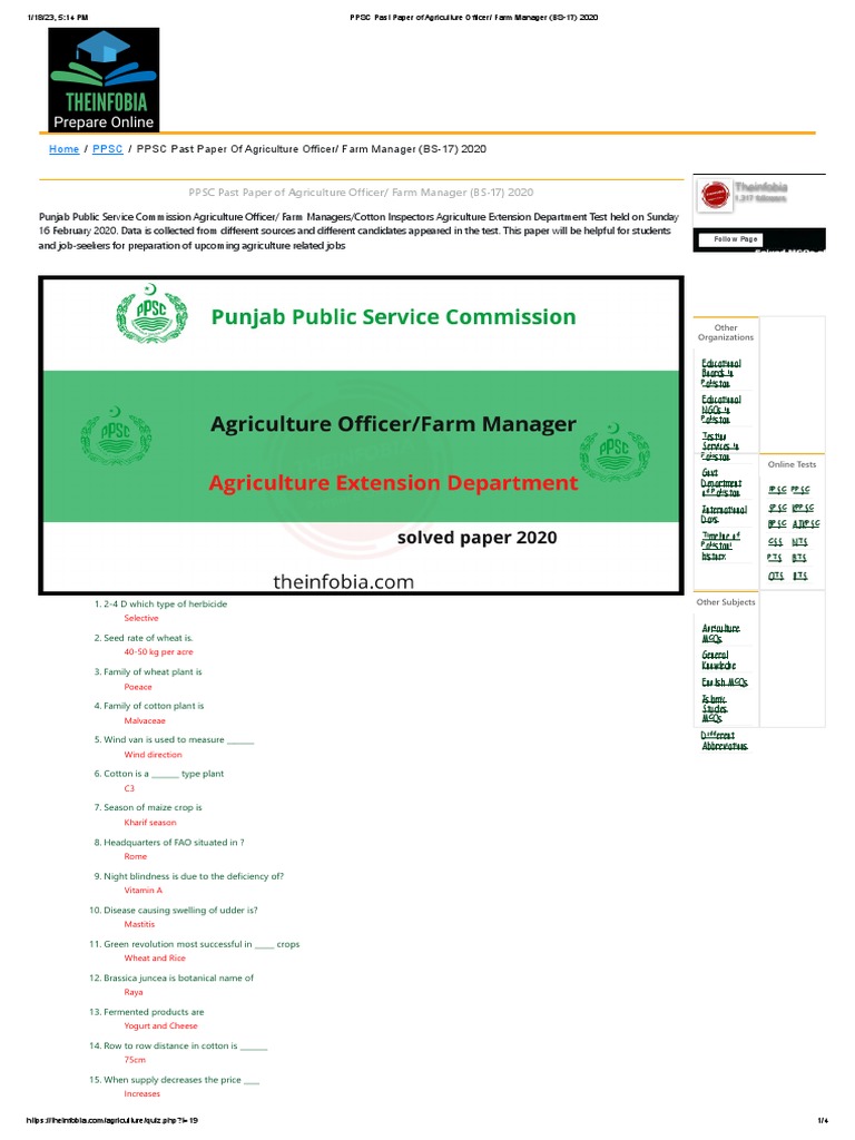 PPSC Past Paper of Agriculture Officer Farm Manager (BS17) 2020