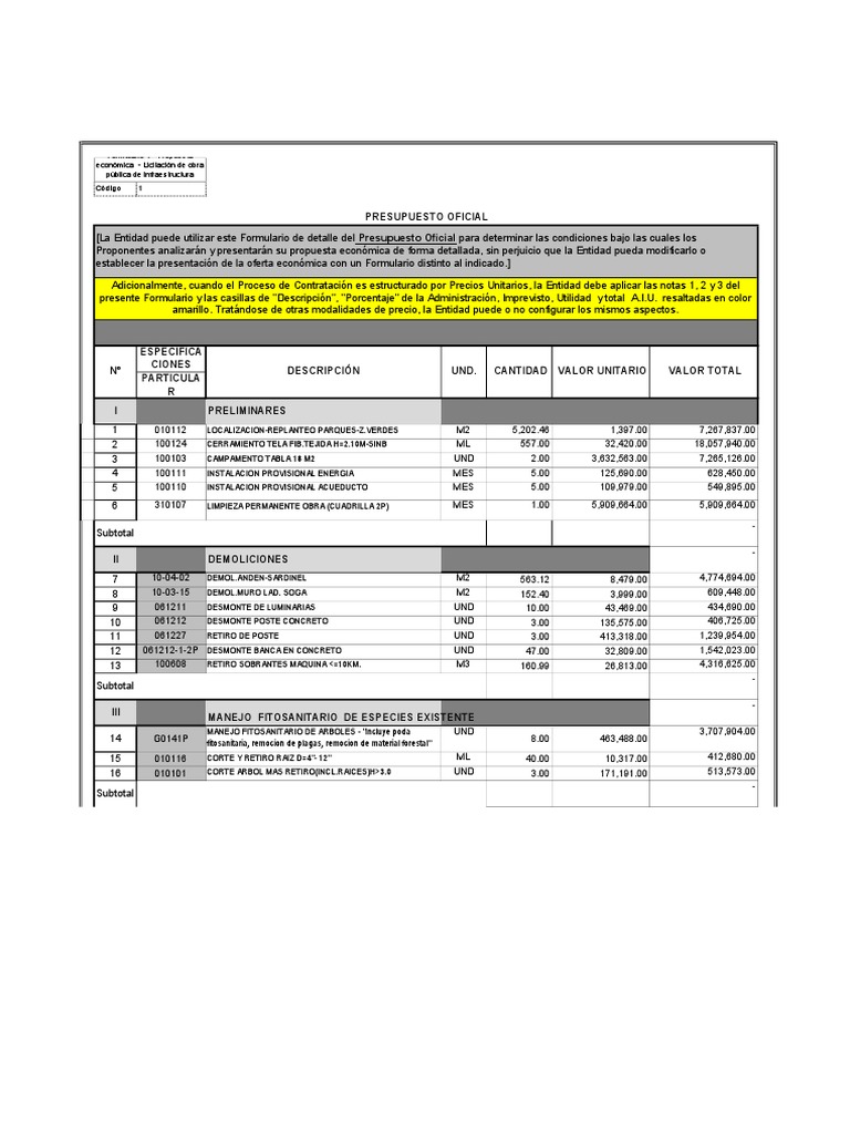 4.0 Formulario Presupuesto Oficial | PDF | Tubería (transporte de ...