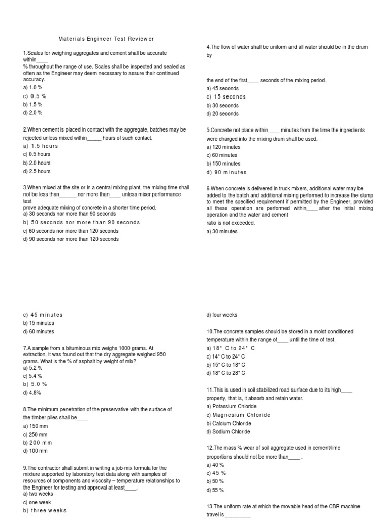 Materials Engineer Test Reviewer PDF Concrete Deep Foundation