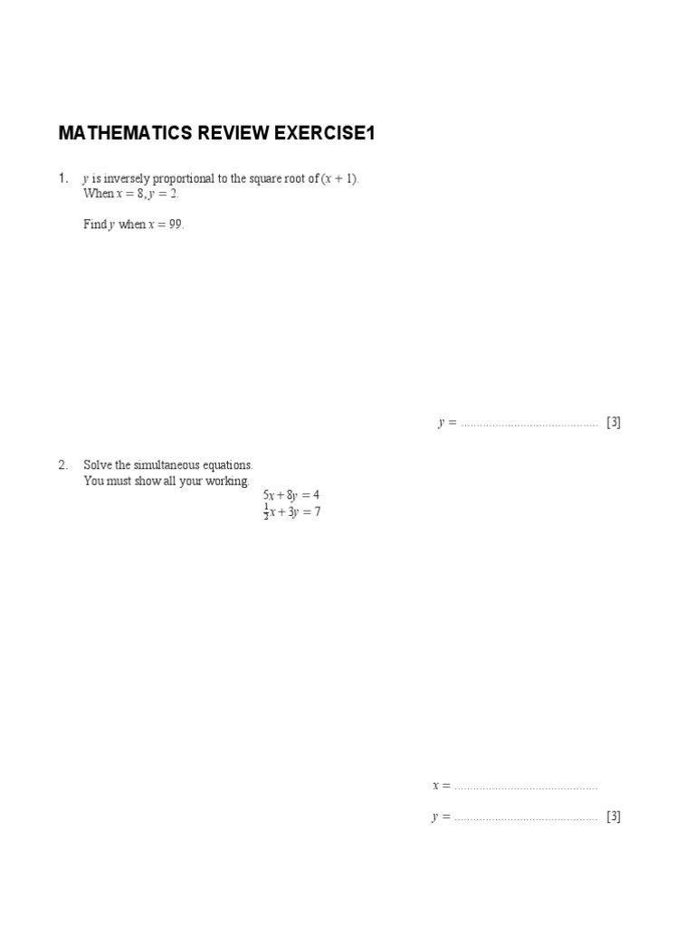 Mathematics review exercise1 y is inversely proportional to the square