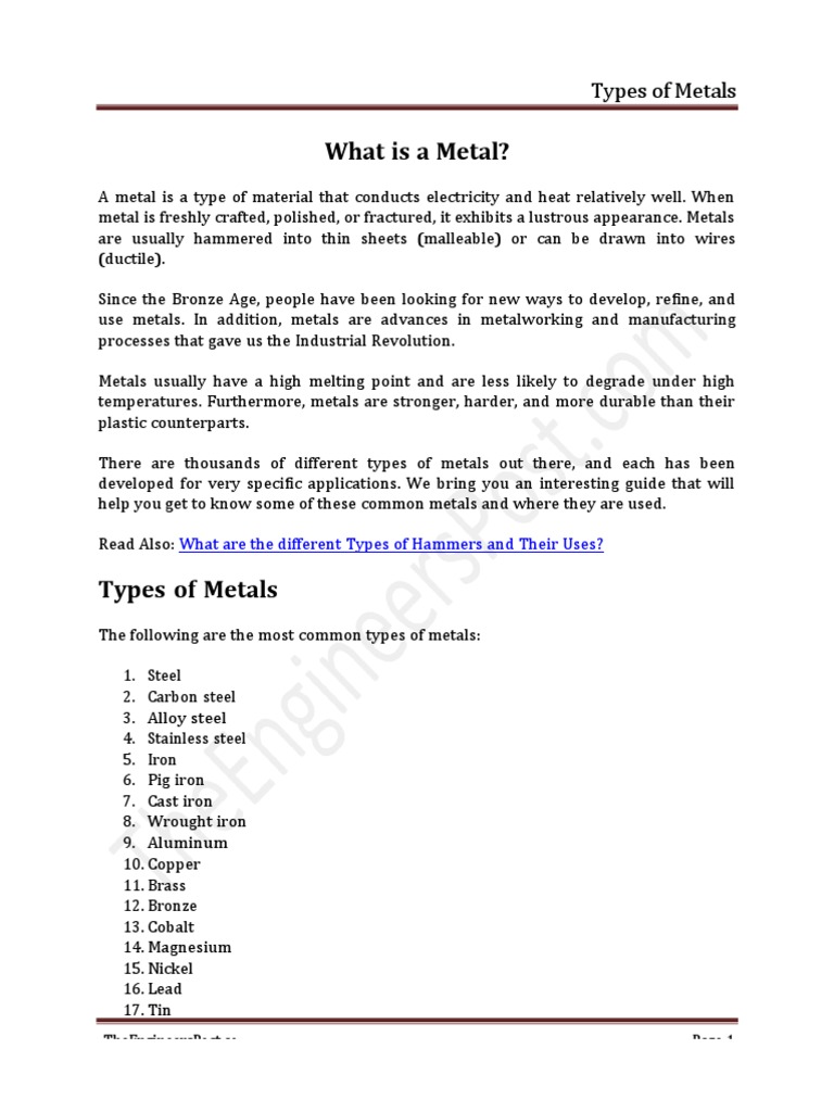 Types of Metals PDF Metals Steel