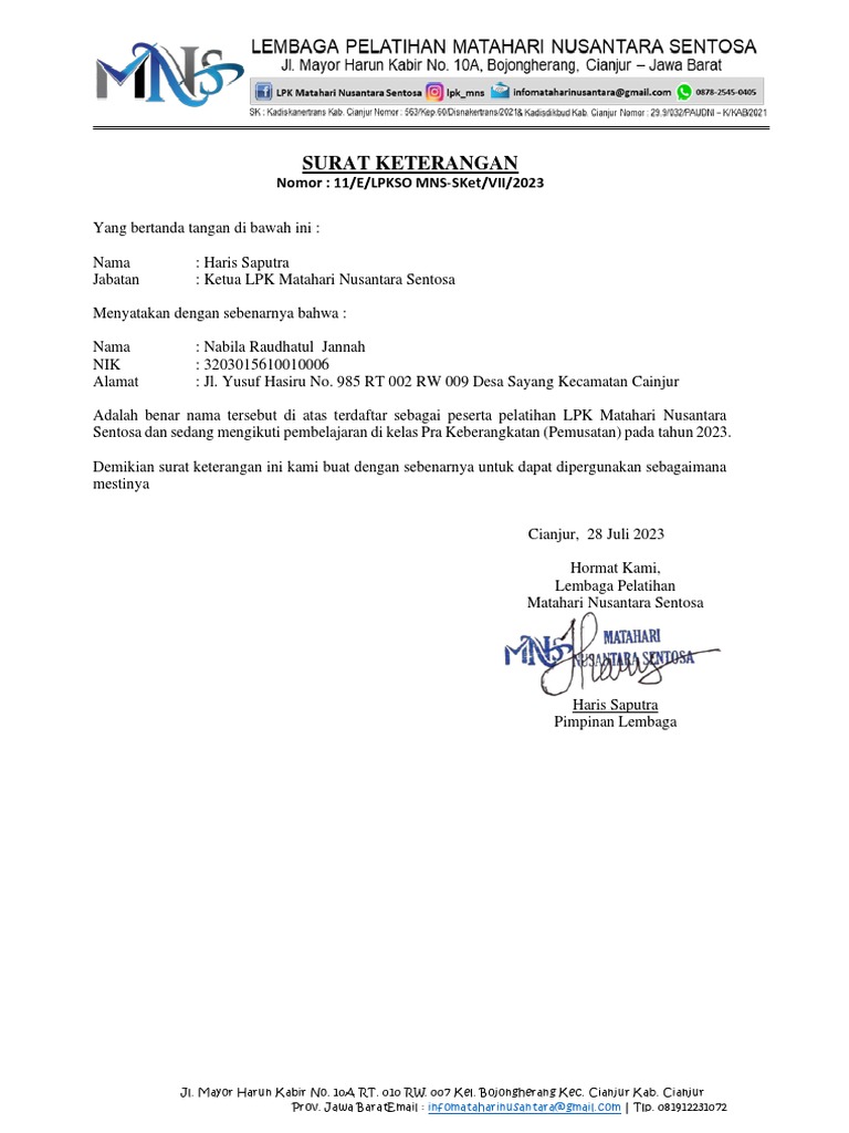 Surat Keterangan Peserta LPK MNS | PDF