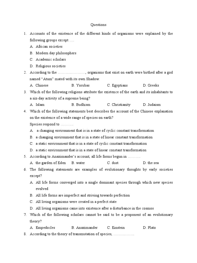 Tutorial Objective Questions PDF Evolution Natural Selection