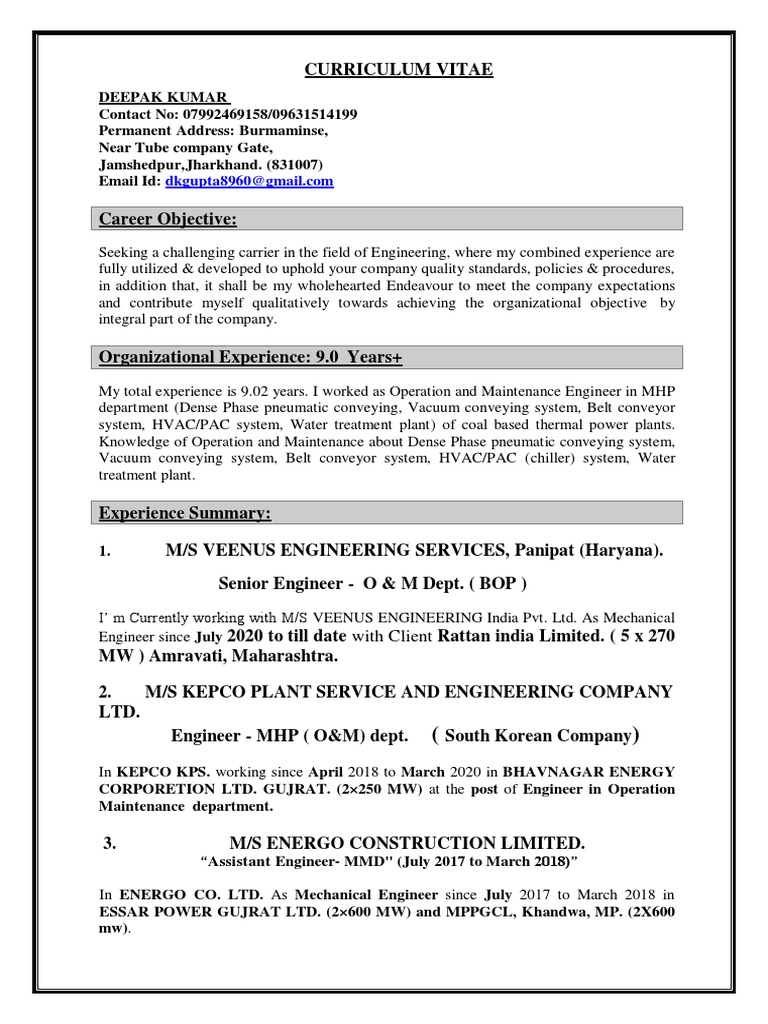 Resume For Mechanical Engineer | PDF | Technology & Engineering