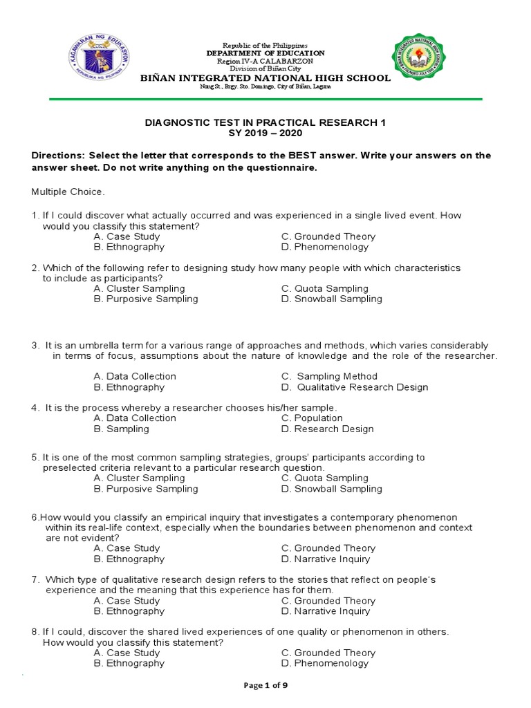 Practical Research 1 Diagnostic Test | PDF | Sampling (Statistics ...