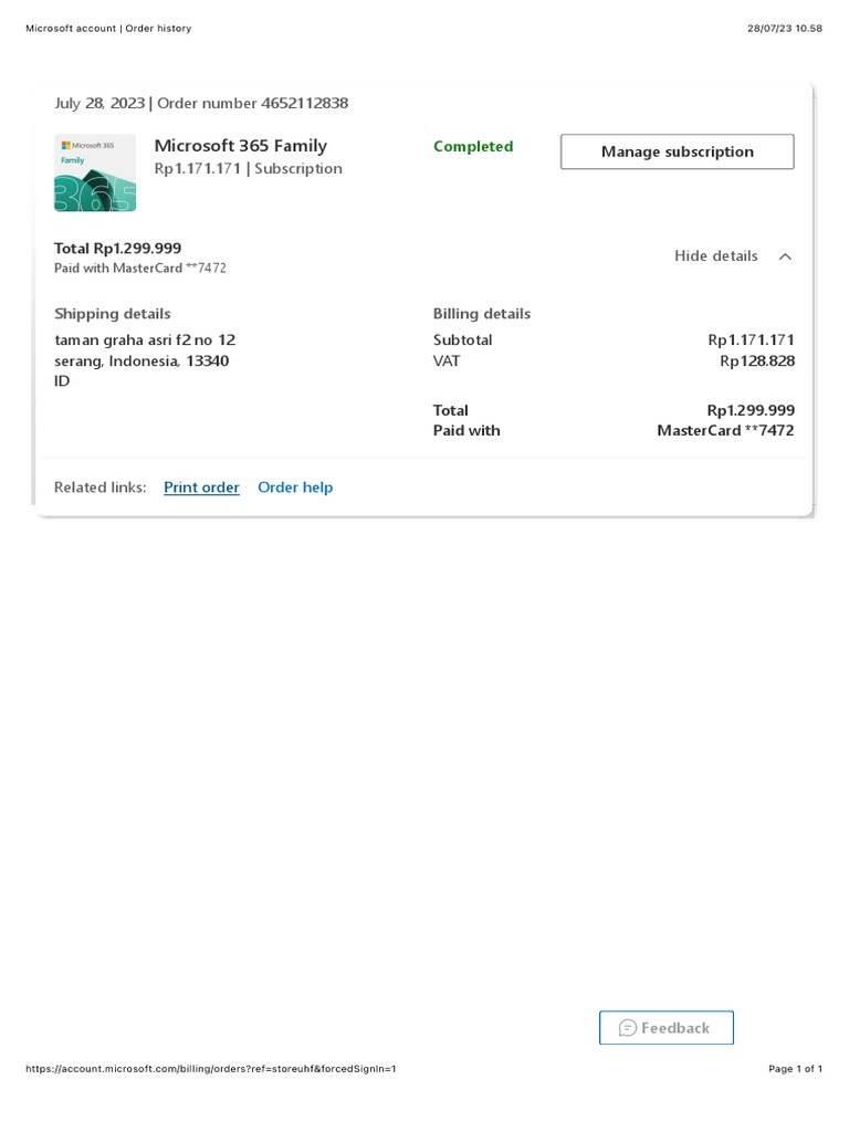 Microsoft 365 Family Order Summary | PDF
