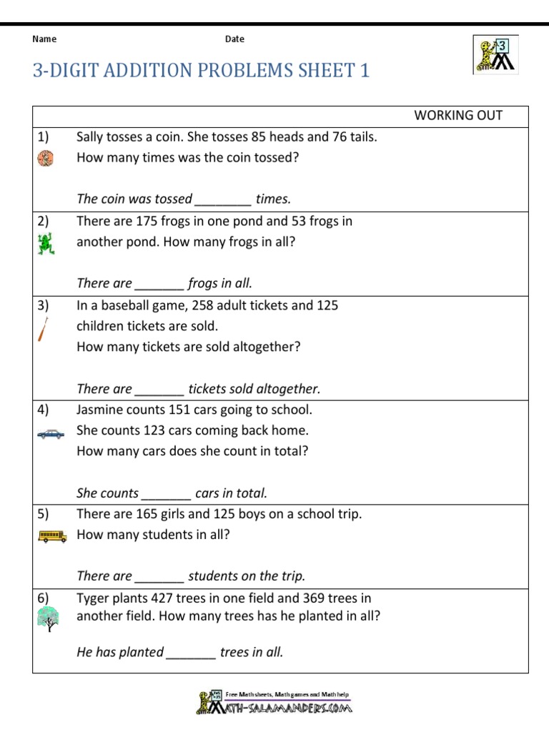 3 Digit Addition Word Problems 1 | PDF | Sports & Recreation | Language Arts & Discipline for Free Printable 3 Digit Addition Worksheets