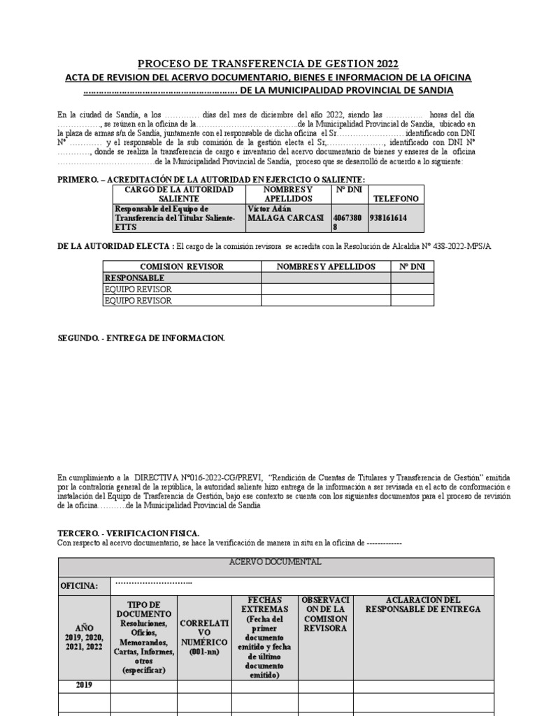 Acta de Transferencia de Gestion 2022 | PDF