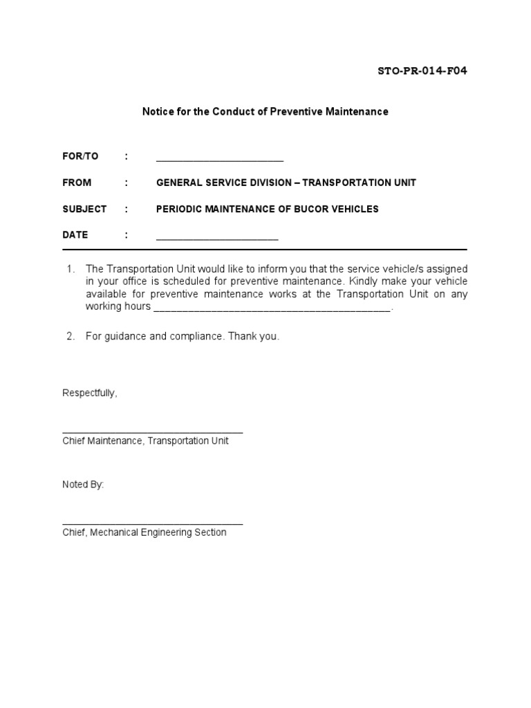 Preventive Maintenance Notice for Vehicles | PDF
