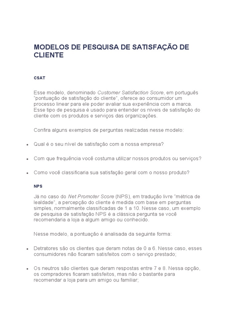 Modelos De Pesquisa De Satisfação De Cliente Pdf Business