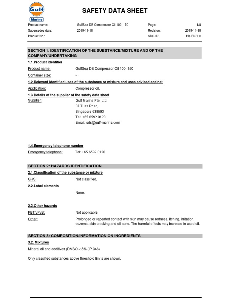 GulfSea DE Compressor Oil 100 SDS | PDF | Workplace | Labor Relations