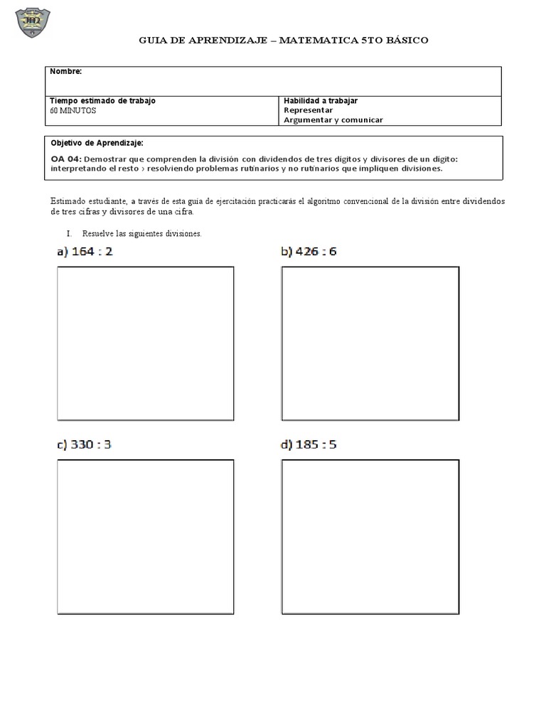Ejercicios de División para 5to Básico | PDF | Métodos y materiales de ...
