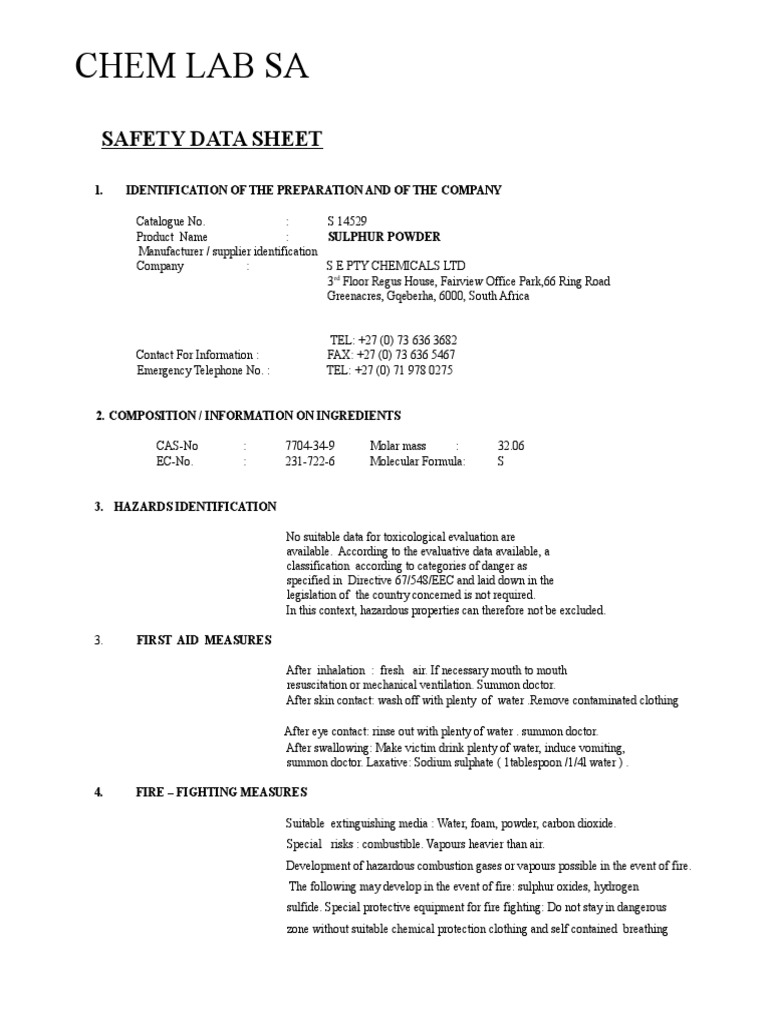 Sulphur Powder PDF Water Personal Protective Equipment