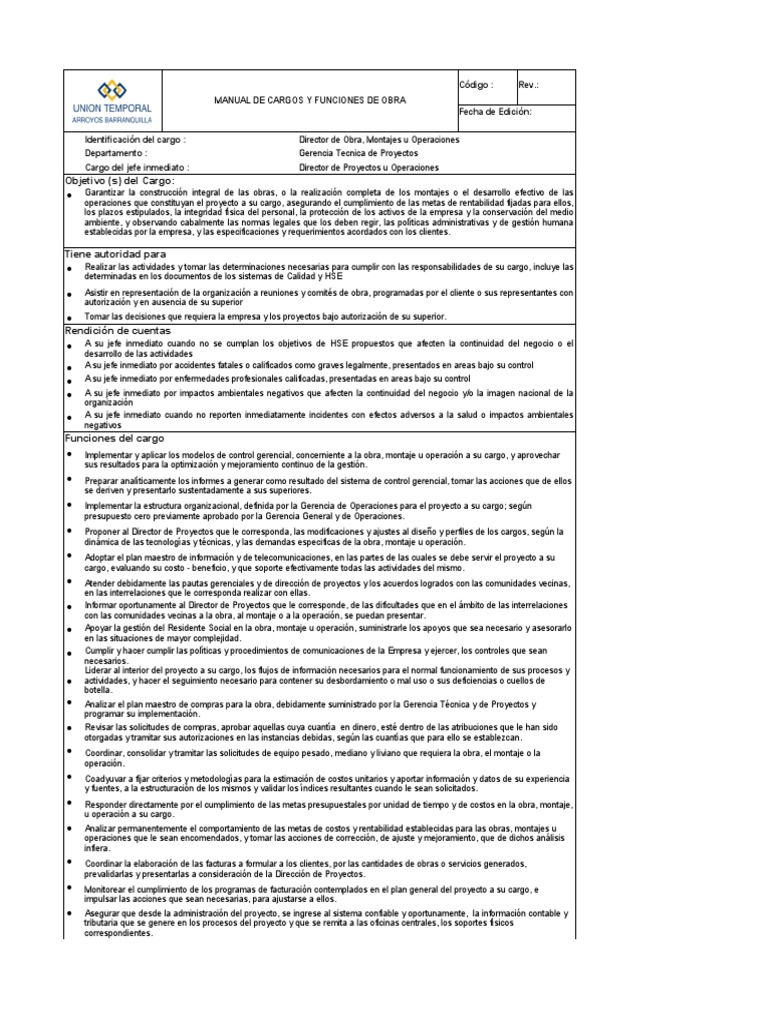 Manual de Funciones del Director de Obra | PDF | Calidad (comercial ...