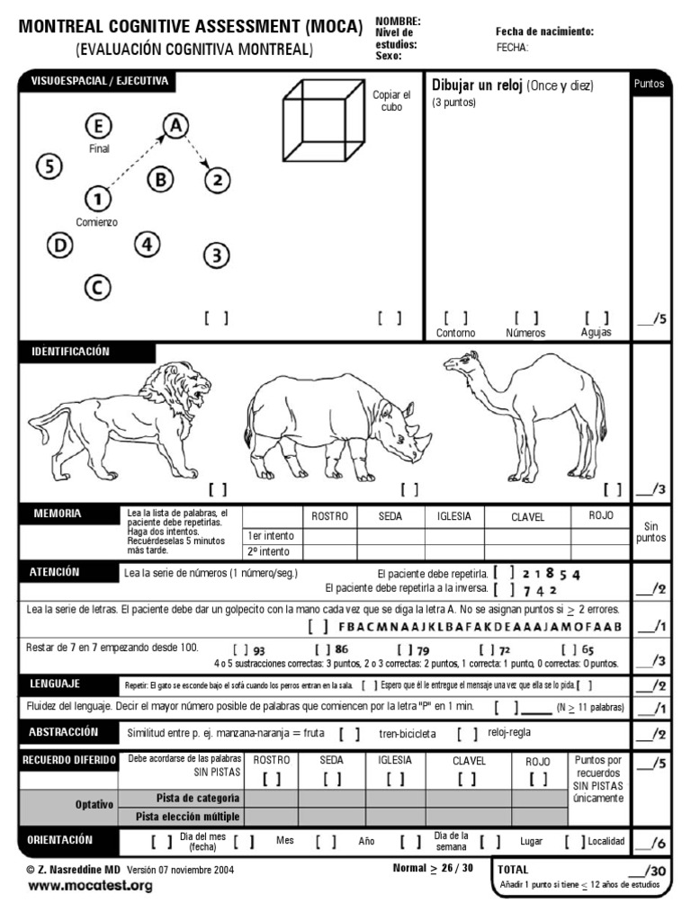Test de MoCA en Español para Imprimir | PDF | Ciencia cognitiva