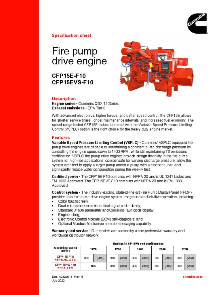 Cummins CFP15E Fire Pump Engine Specs | PDF | Diesel Engine | Engines