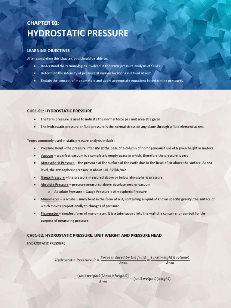 Fluid Mechanics Chap01 Hydrostatic Pressure Pdf Pressure