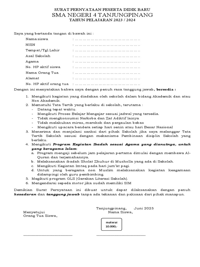 Surat Pernyataan Peserta Didik Baru | PDF