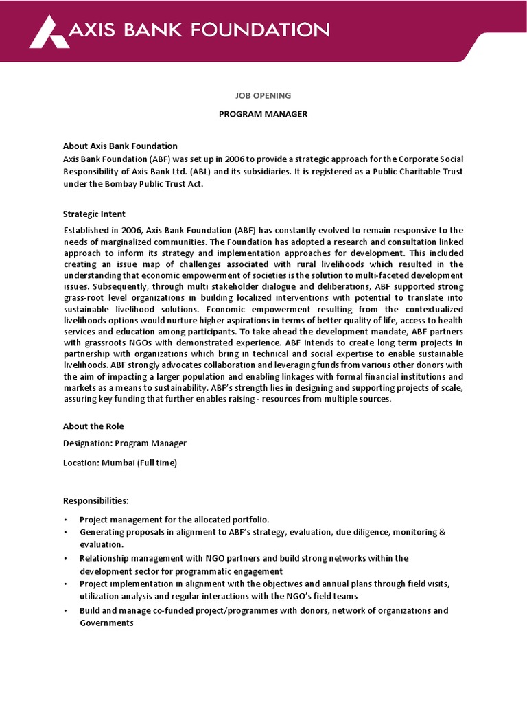 Axis Bank Fondation PDF Non Governmental Organization Project