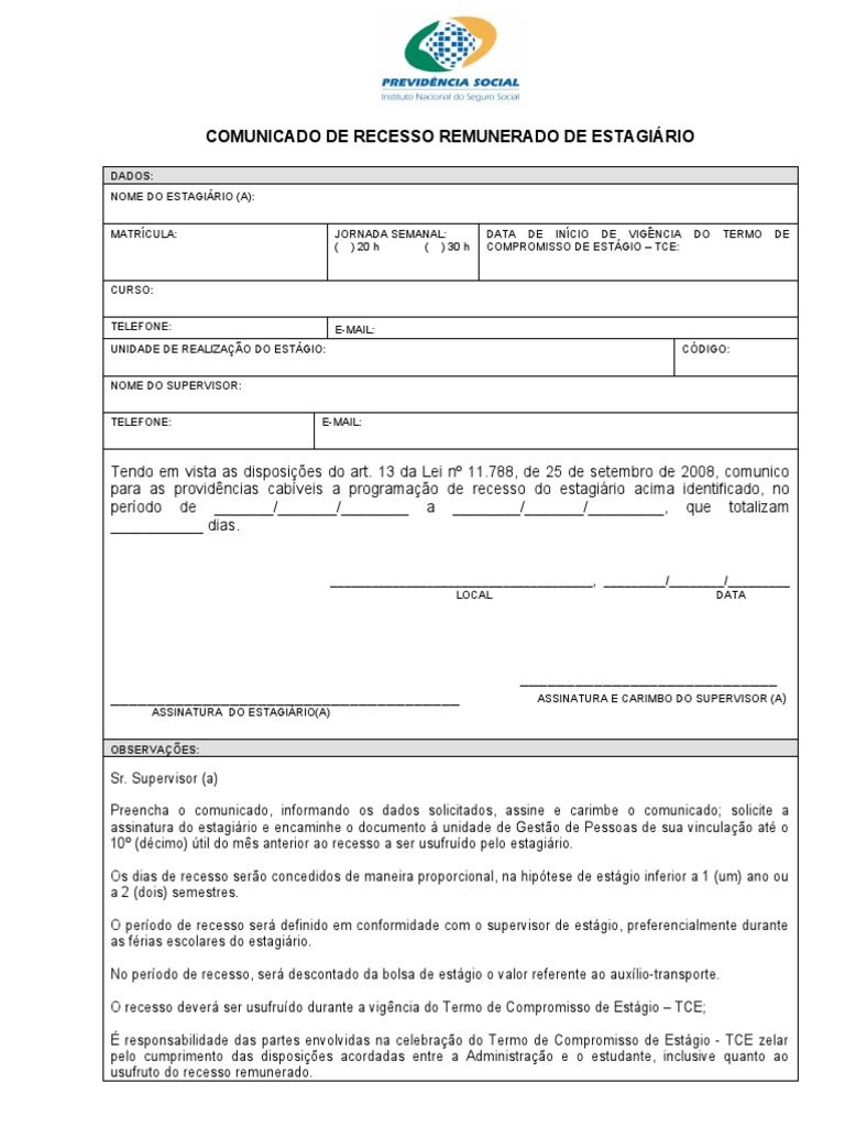7) Comunicado de Recesso Remunerado de Estagiário | PDF