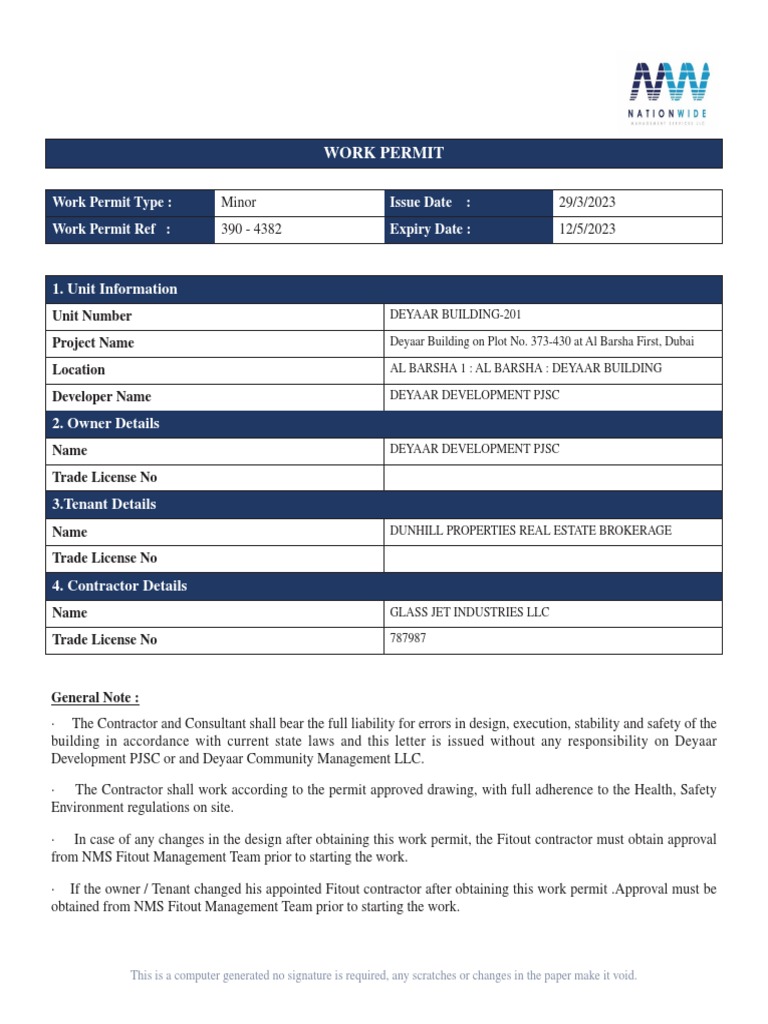 Deyaar Work Permit for Al Barsha Unit | PDF