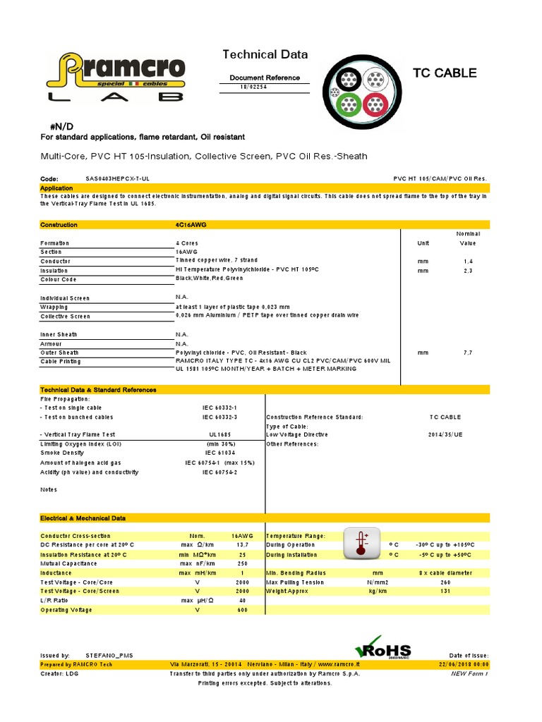 16AWG TC Cable Technical Specifications | PDF | Polyvinyl Chloride ...