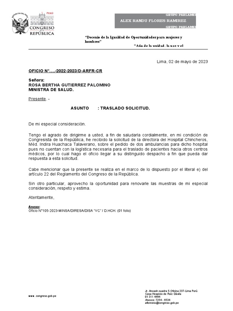 Oficio CORRER TRASLADO DE PEDIDO DE AMBULANCIAS | PDF