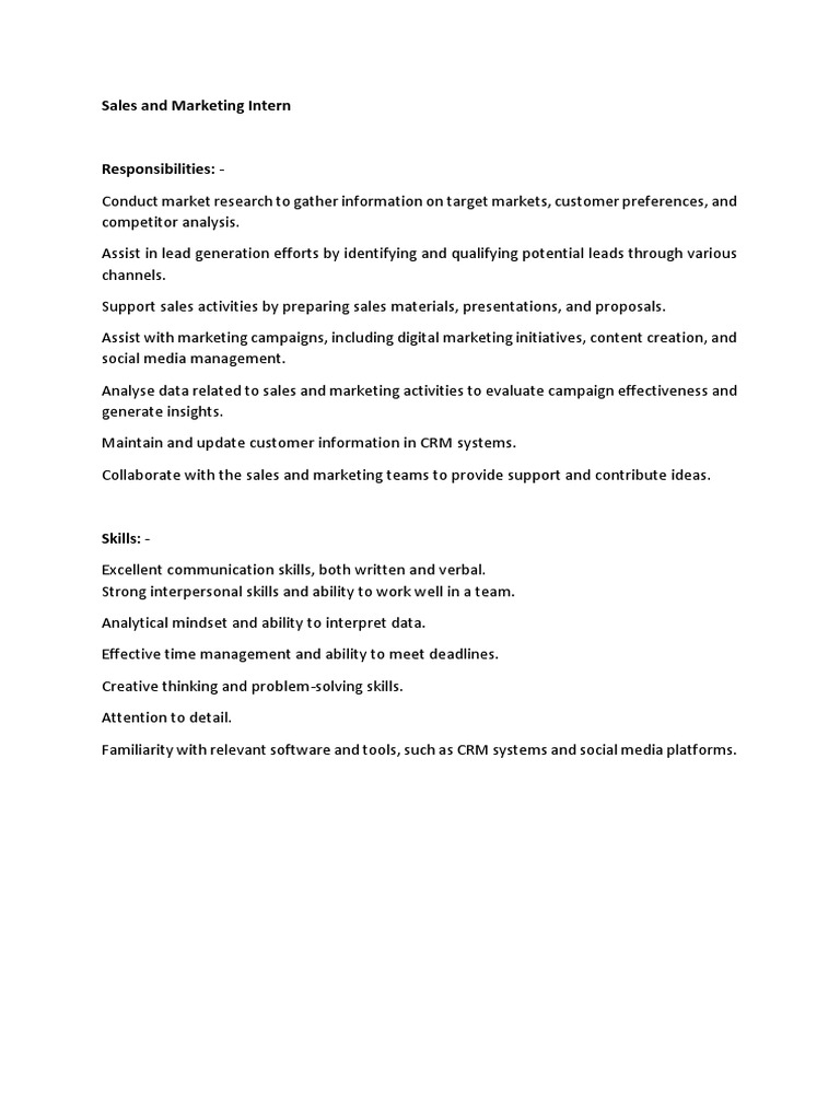 Sales and Marketing Intern Responsibilities | PDF | Career & Growth ...