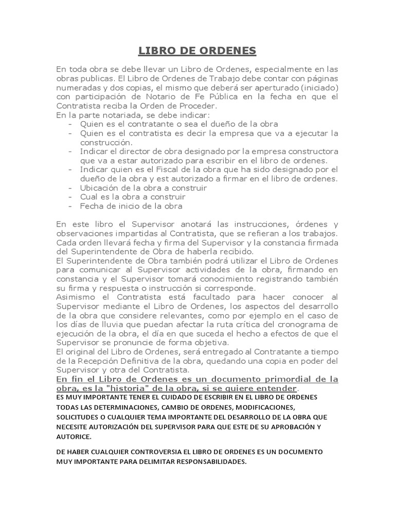 Importancia del Libro de Órdenes en Obras | PDF