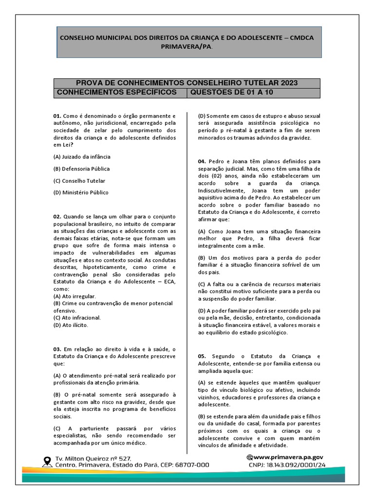 Caderno de Prova Conselho Tutelar 2023 | PDF | Adoção | Violência doméstica