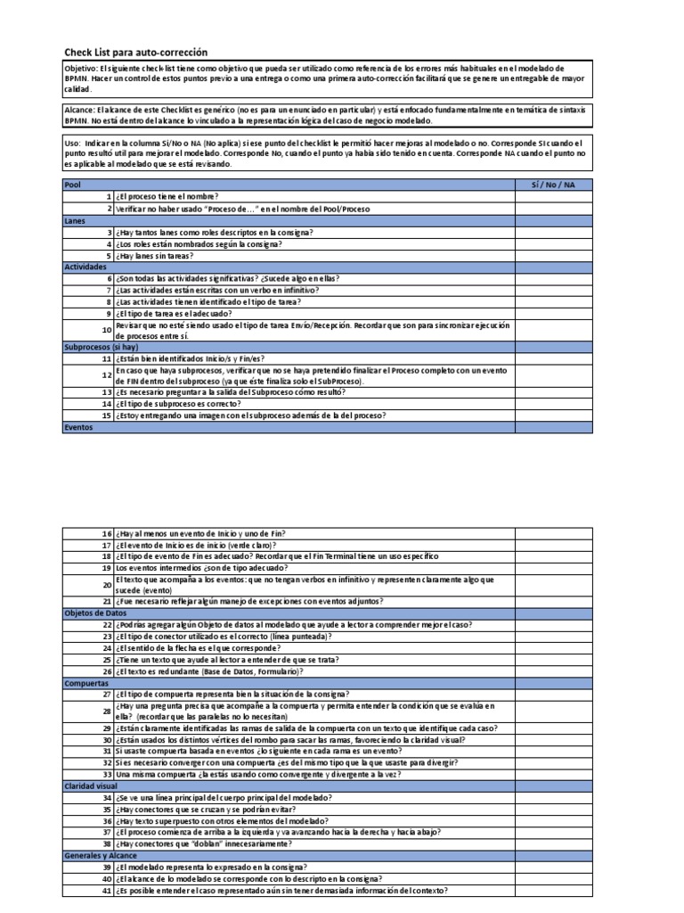 Check List para Auto Corrección Bizagi - Hoja1 | PDF | Informática