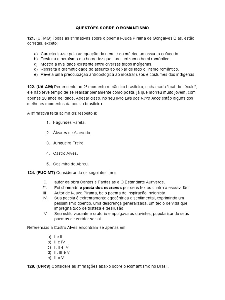 Questões sobre o Romantismo Brasileiro | PDF | Romantismo