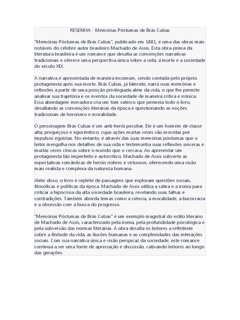 RESENHA Memórias Póstumas de Brás Cubas PDF