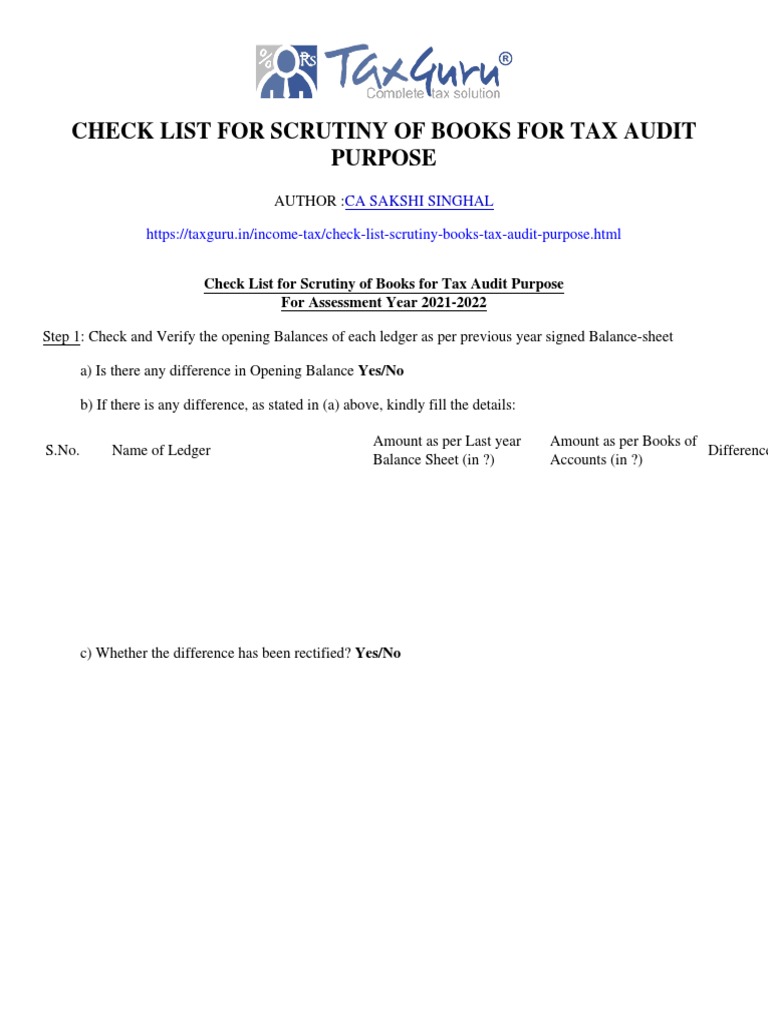Check List For Scrutiny of Books For Tax Audit Purpose Taxguru in