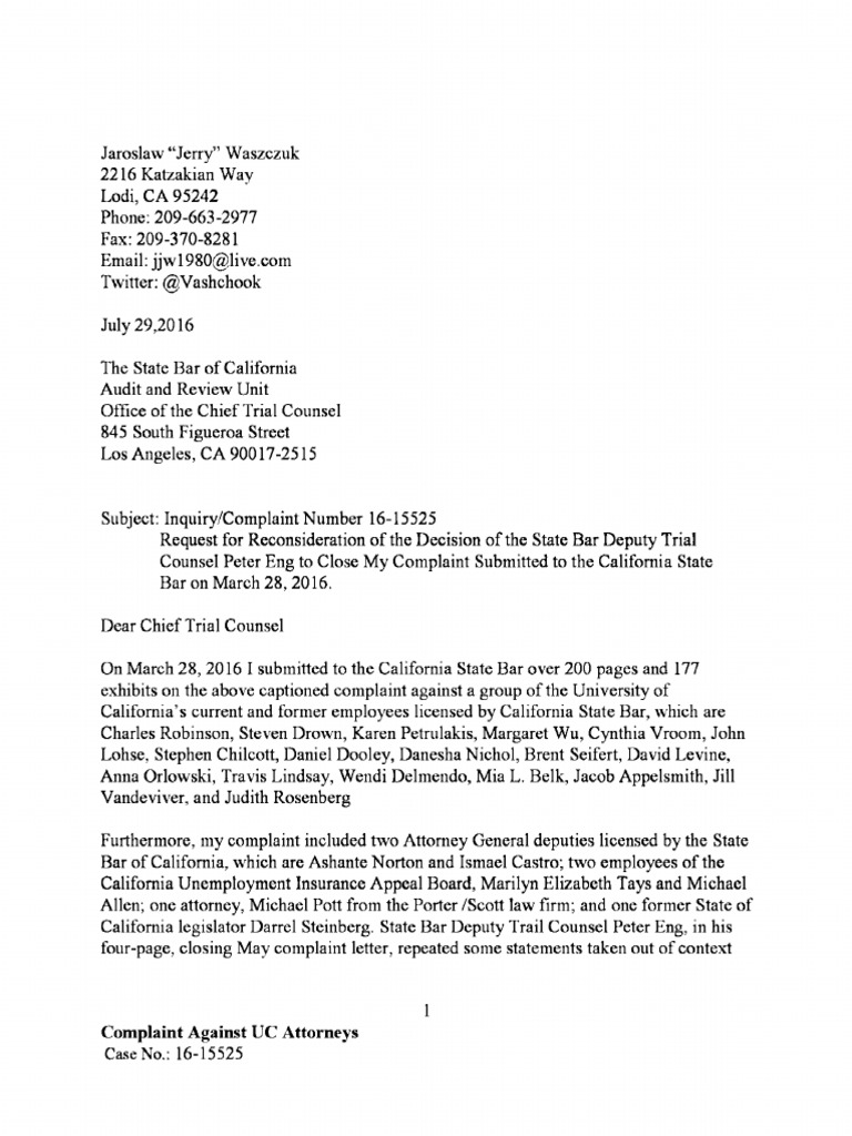 03232016 Jaroslaw Waszczuk's Complaint With State Bar of California