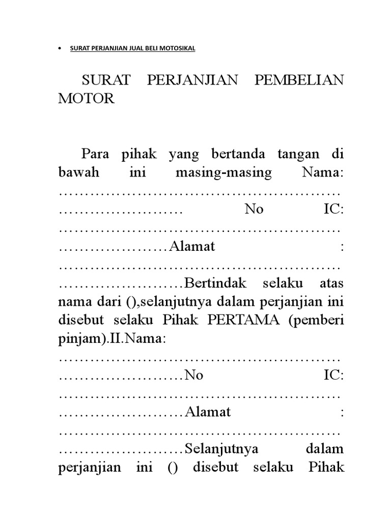Surat Perjanjian Jual Beli Motosikal Pdf