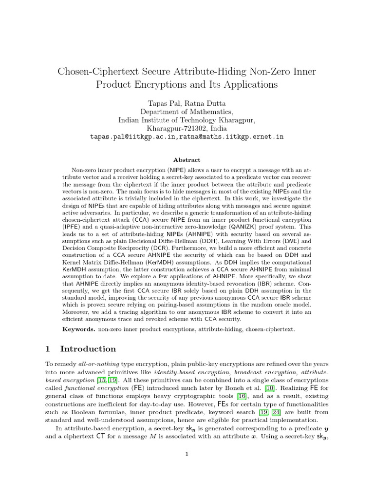 Chosen ciphertext secure attribute hiding non zero inner product