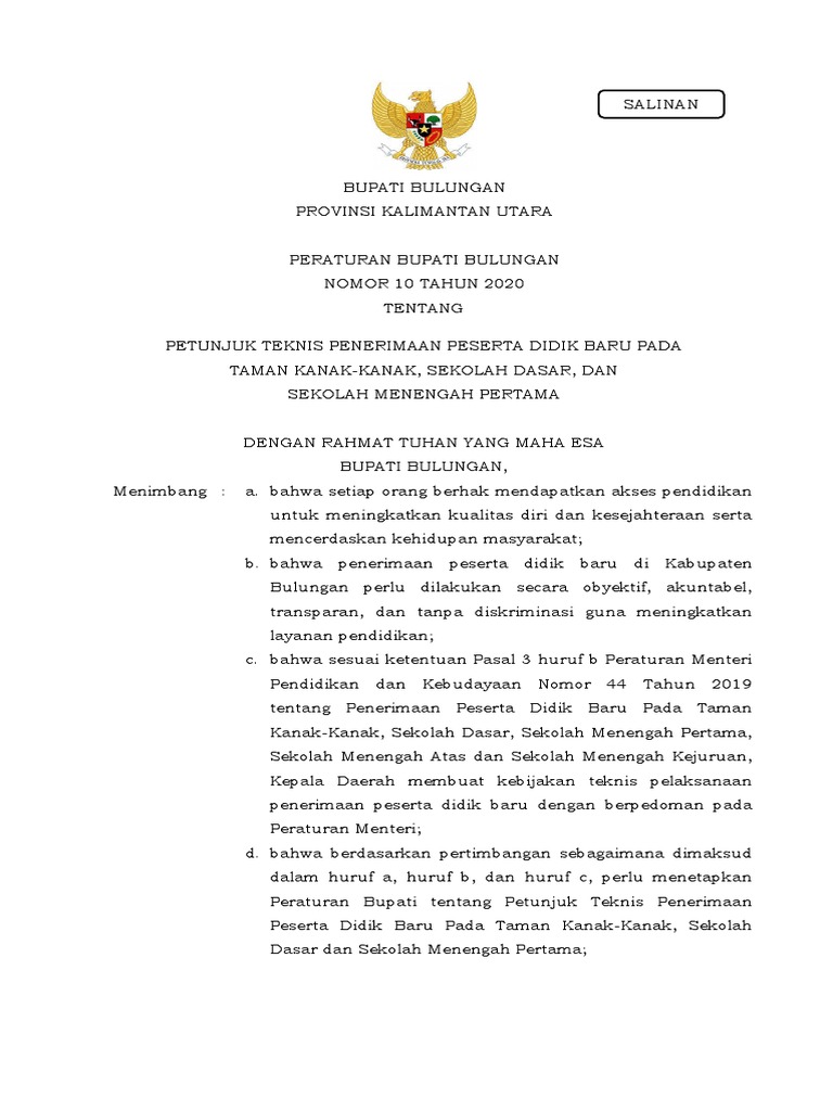 Perbup nomor 10 tahun 2020 tentang petunjuk teknis penerimaan peserta