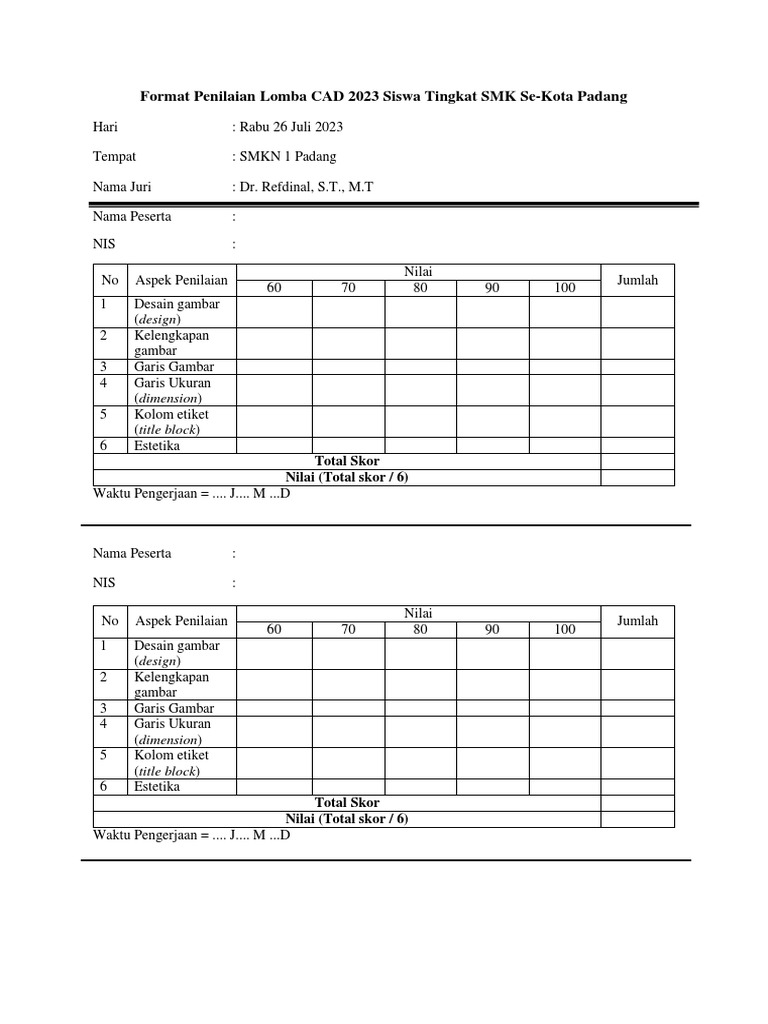 Format Penilaian Lomba Auto CAD 2023 Tingkat Siswa Sekota Padang | PDF