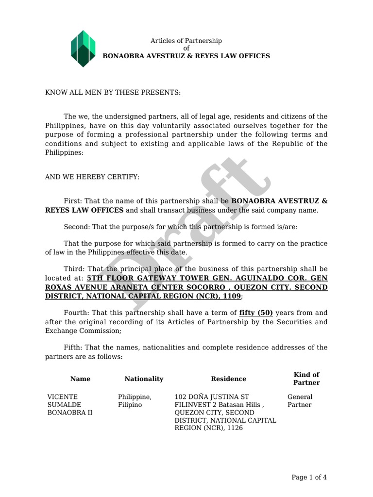 Articles of Partnership Bar Law Offices Sec Draft PDF Metro Manila