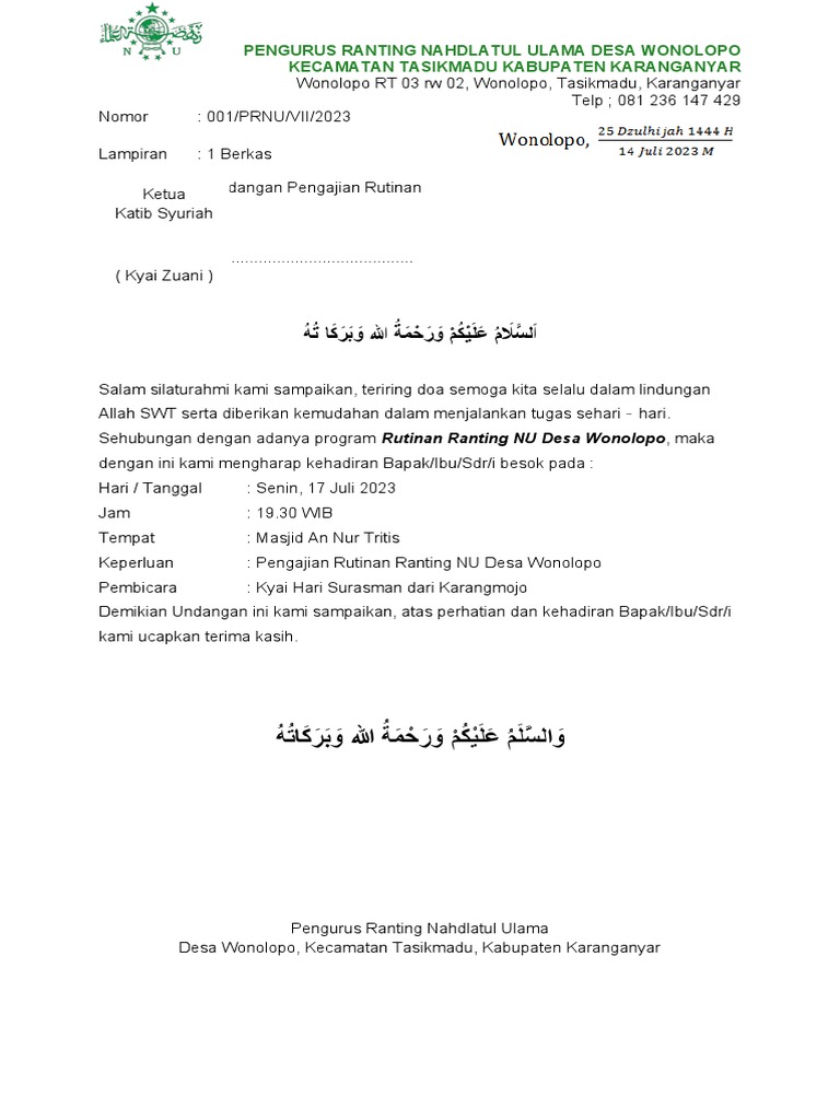 Undangan Pengajian Ranting NU Wonolopo | PDF