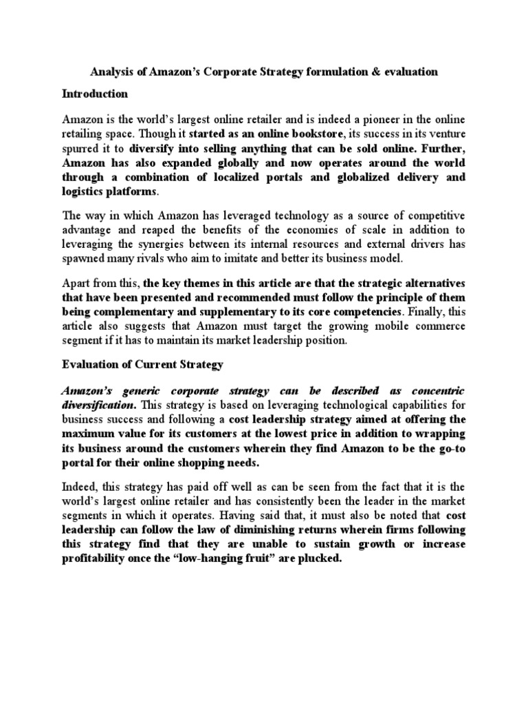 Analysis of AmazonStrategy Evaluation PDF Strategic Management Retail