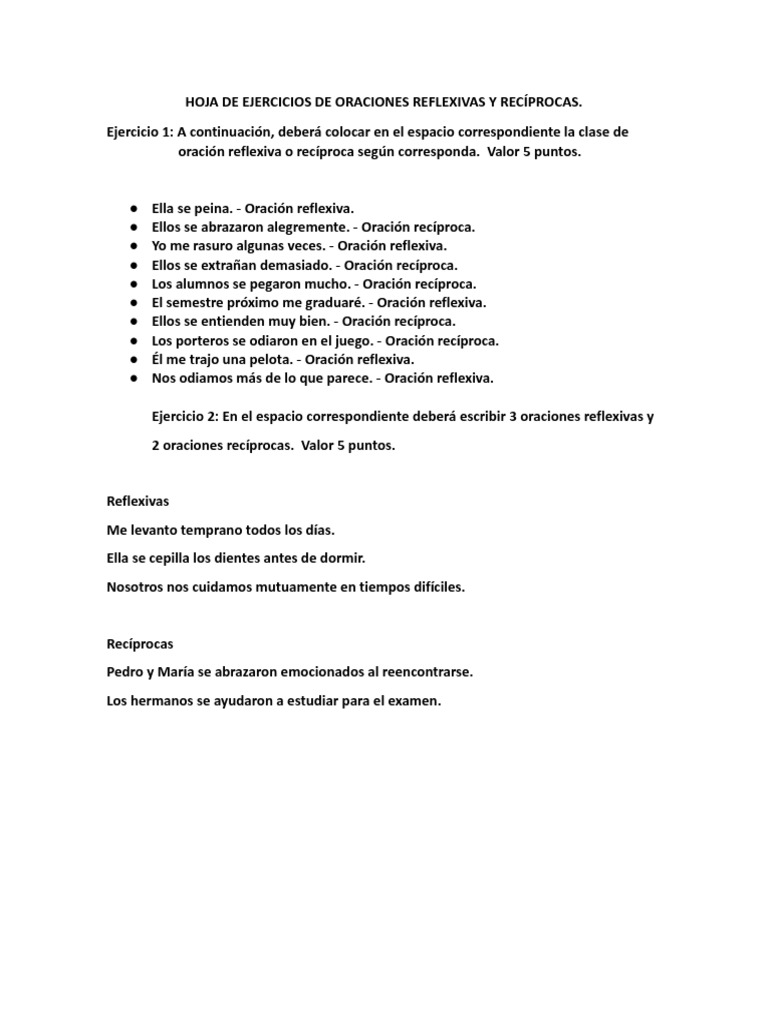 Ejercicios de Oraciones Recíprocas y Reflexivas | PDF | Relaciones ...